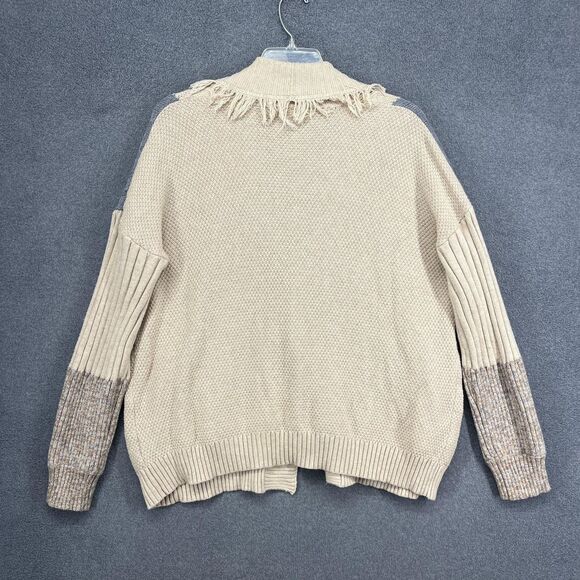 Shawl Collar Cardigan Sweater Womens M/L Beige Gray Patchwork Fringe Boho Knit - Picture 2 of 16